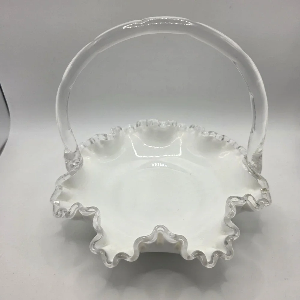 Fenton Milk Glass Silver Crest Ruffled Basket with Clear Handle Vintage 7 inch